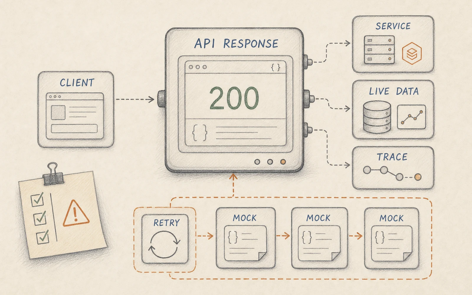 Hand-drawn sketch of a green success response hiding retry loops, failed backend services and mock data