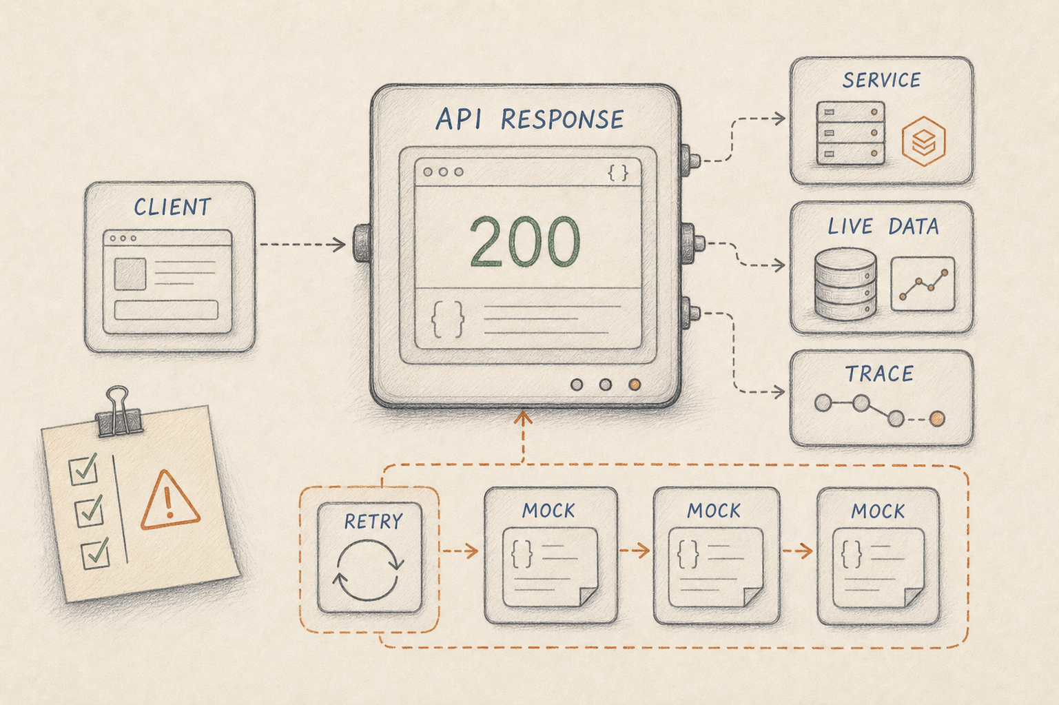 Hand-drawn sketch of a green success response hiding retry loops, failed backend services and mock data