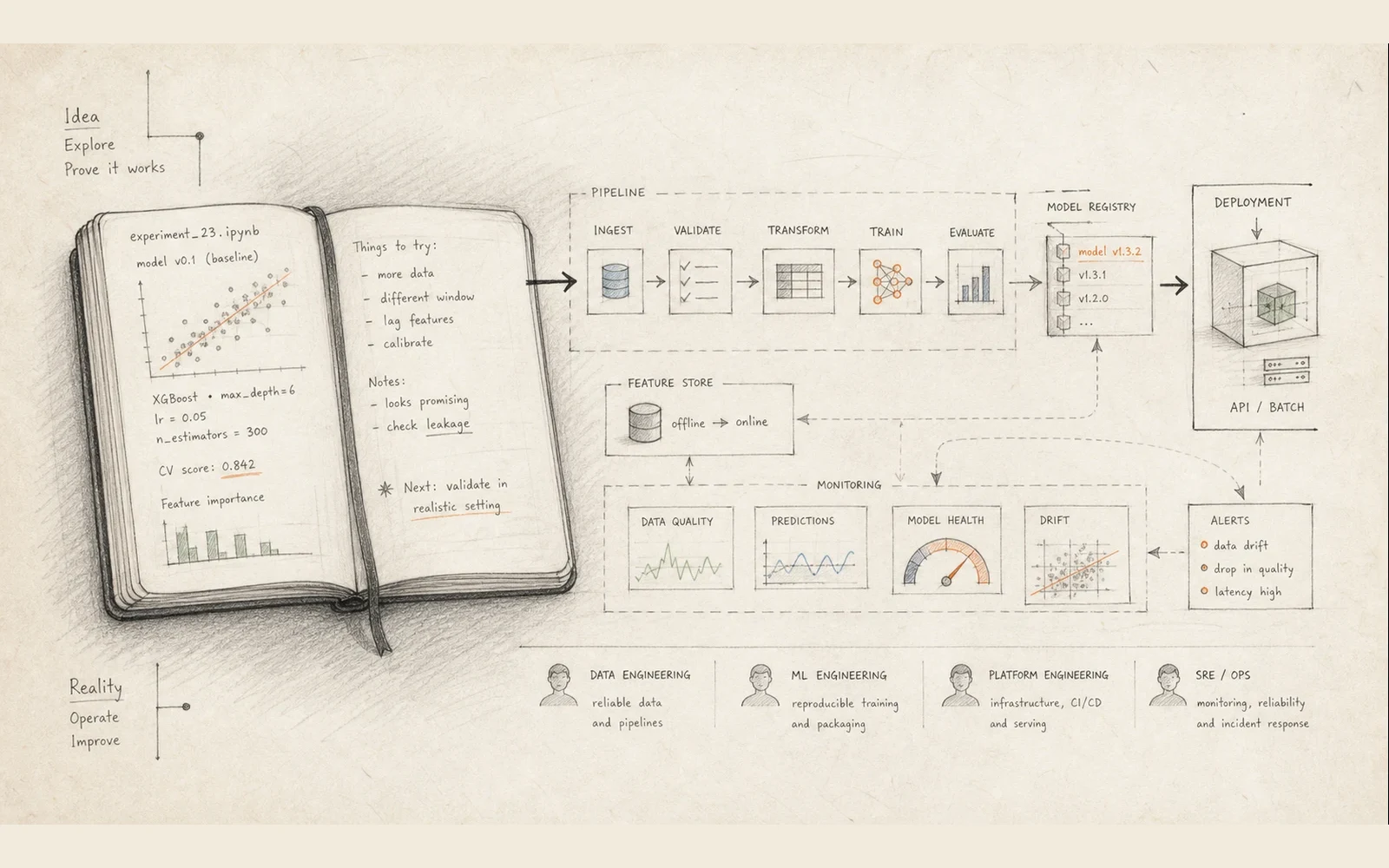 Notebook sketch transitioning into a production ML system