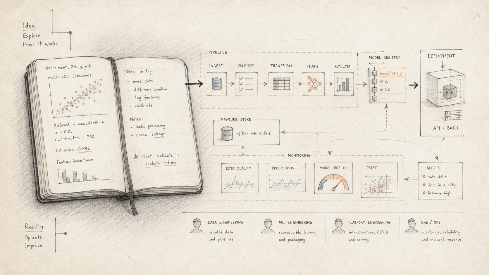 Hand-drawn notebook sketch transitioning into a production ML system
