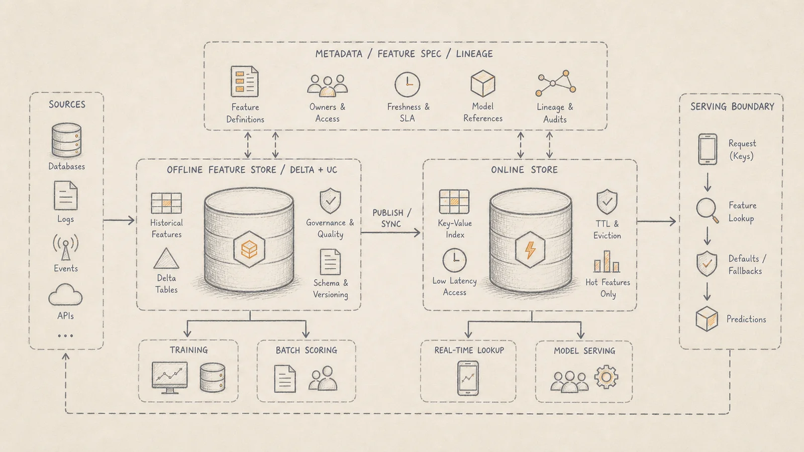 Hand-drawn architecture sketch showing offline feature store, online store, metadata contracts and serving boundaries for production machine learning