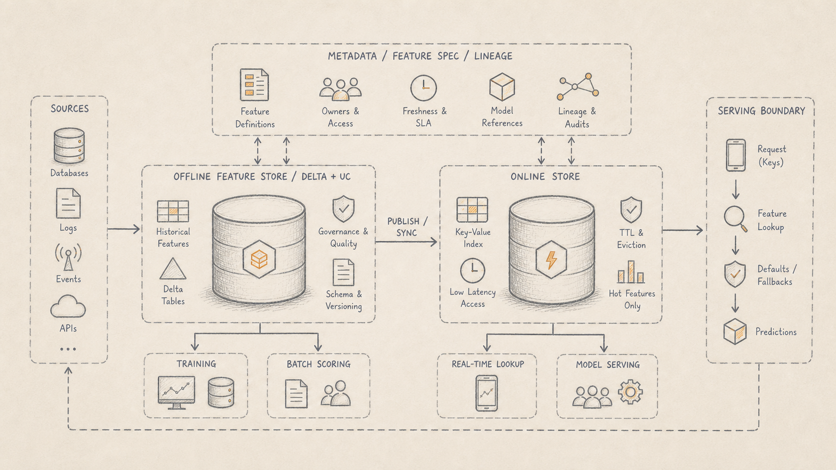 Hand-drawn architecture sketch showing offline feature store, online store, metadata contracts and serving boundaries for production machine learning