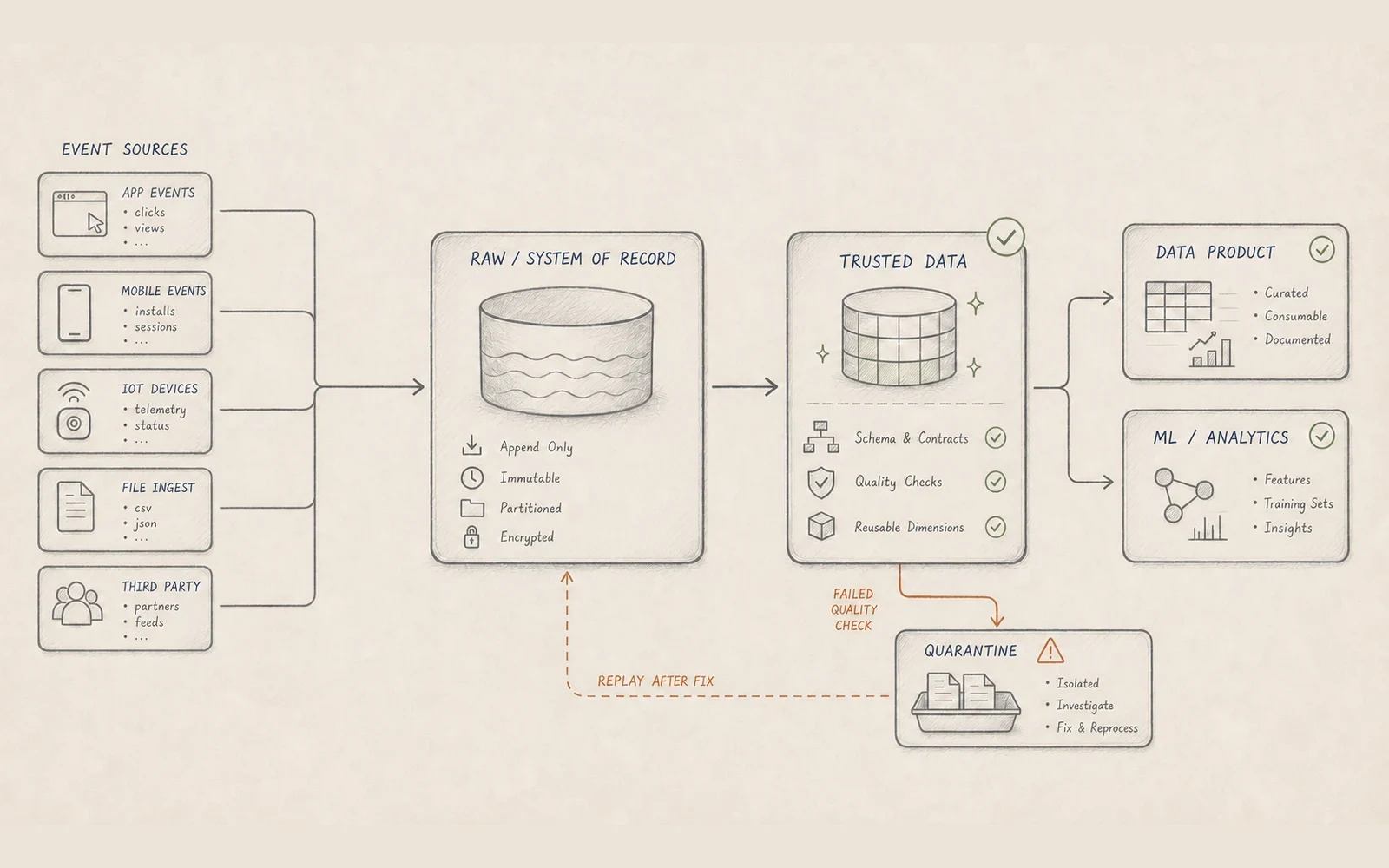 Hand-drawn technical sketch of source events moving through raw system-of-record data, trusted data, quarantine and published data products