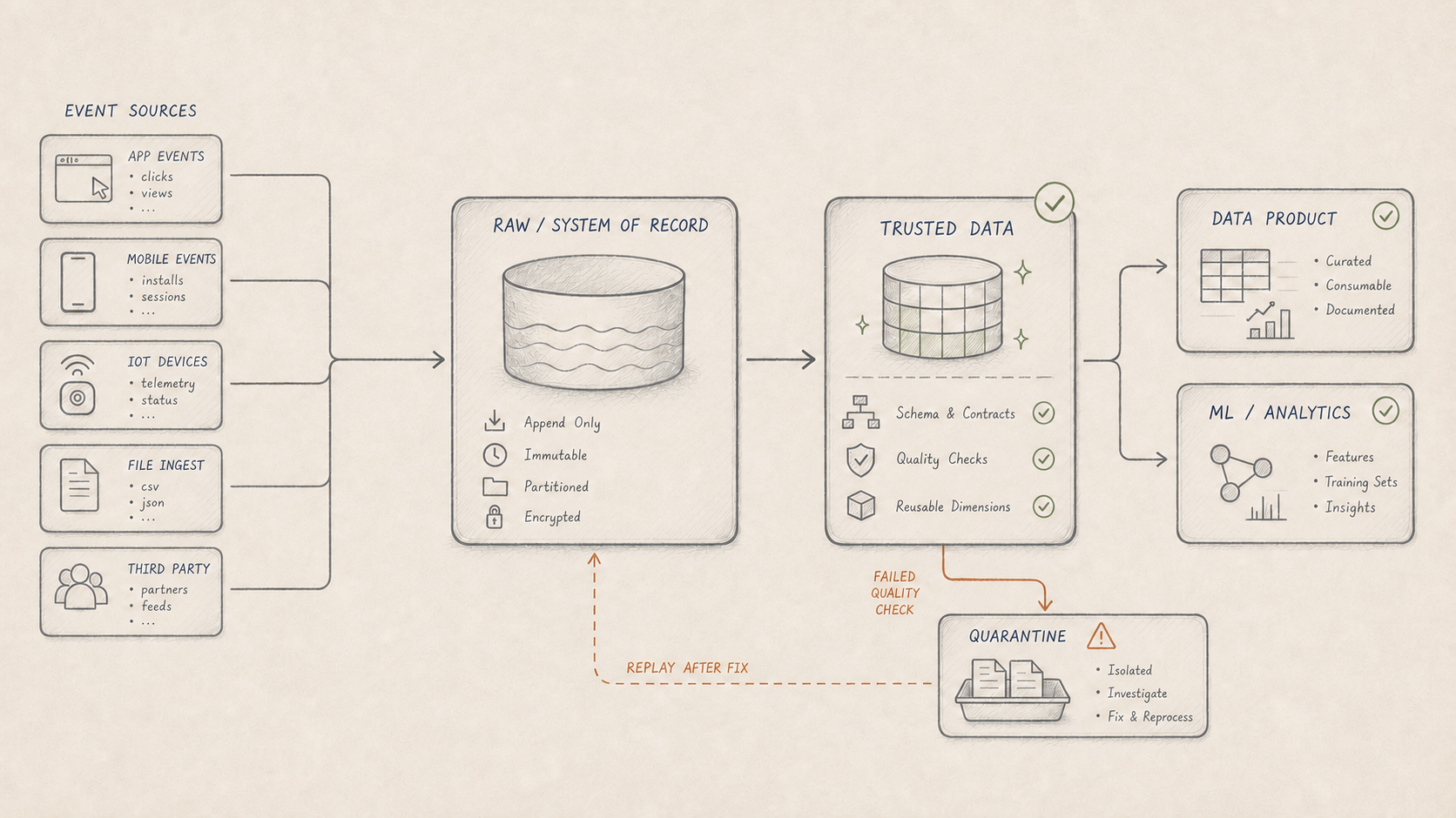 Hand-drawn technical sketch of source events moving through raw system-of-record data, trusted data, quarantine and published data products