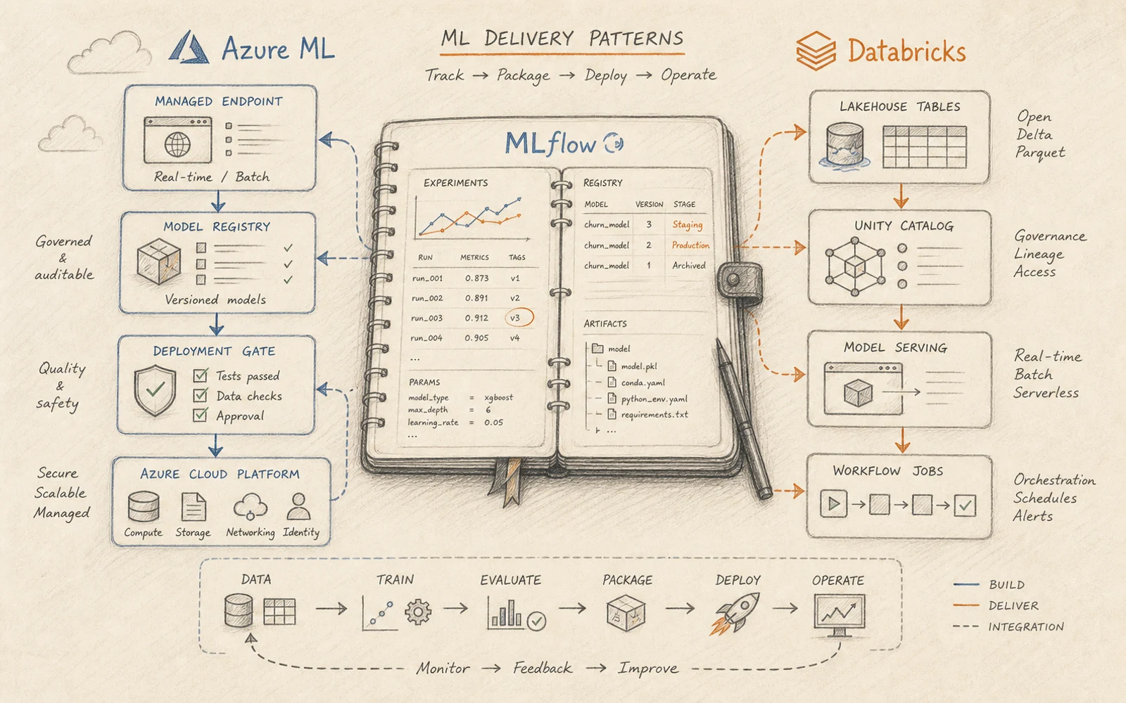 Hand-drawn architectural sketch comparing MLflow-centered delivery patterns across Azure ML and Databricks