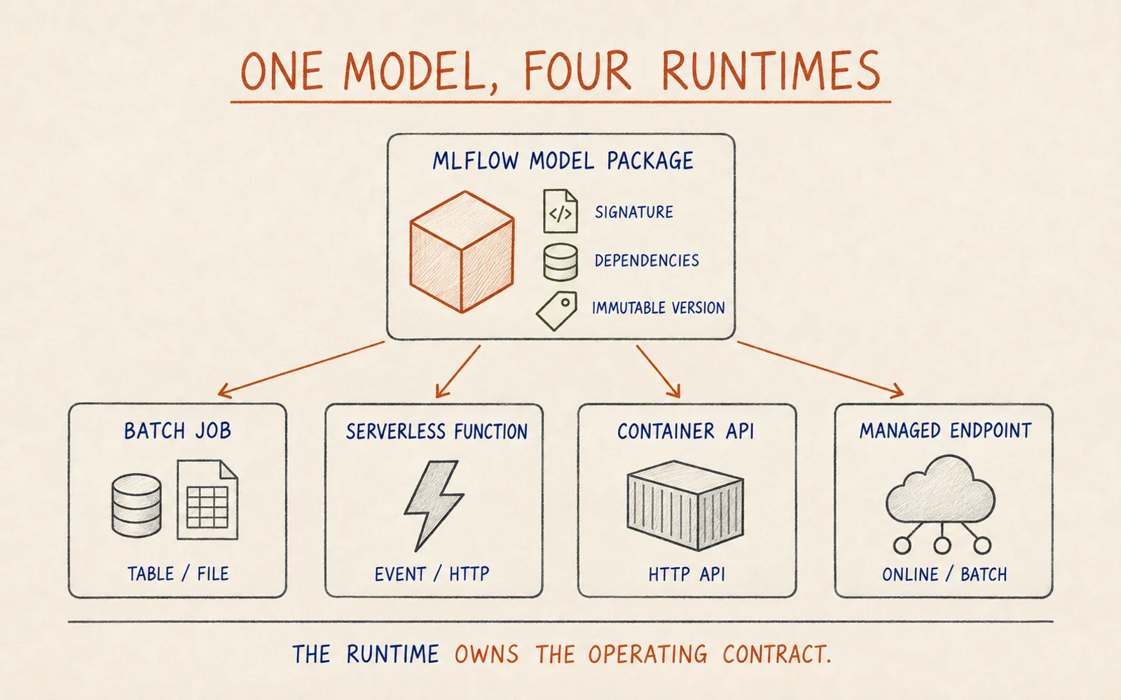 Hand-drawn technical diagram of one MLflow model package connected independently to a batch job, serverless function, container API and managed endpoint