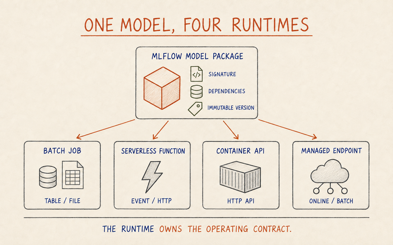 Hand-drawn technical diagram of one MLflow model package connected independently to a batch job, serverless function, container API and managed endpoint