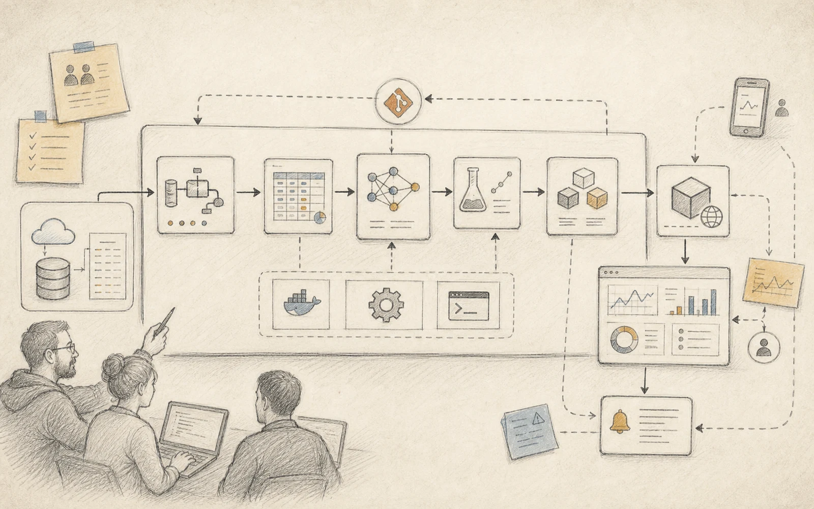 Hand-drawn systems sketch showing MLOps as connected engineering work across code, data, deployment and monitoring