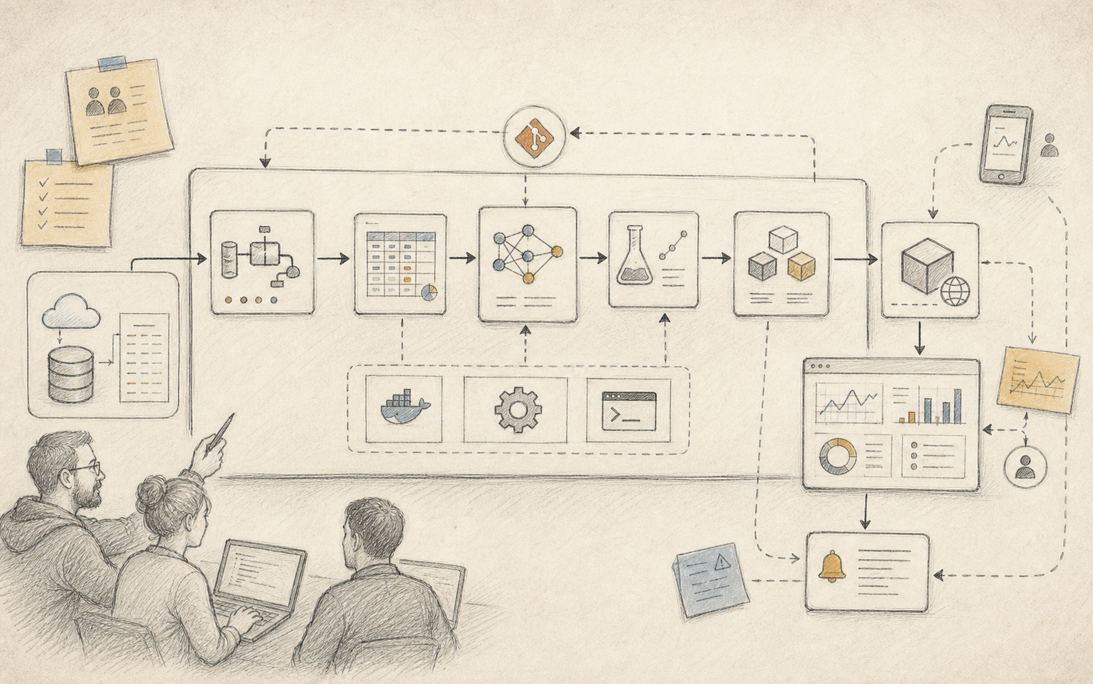 Hand-drawn systems sketch showing MLOps as connected engineering work across code, data, deployment and monitoring