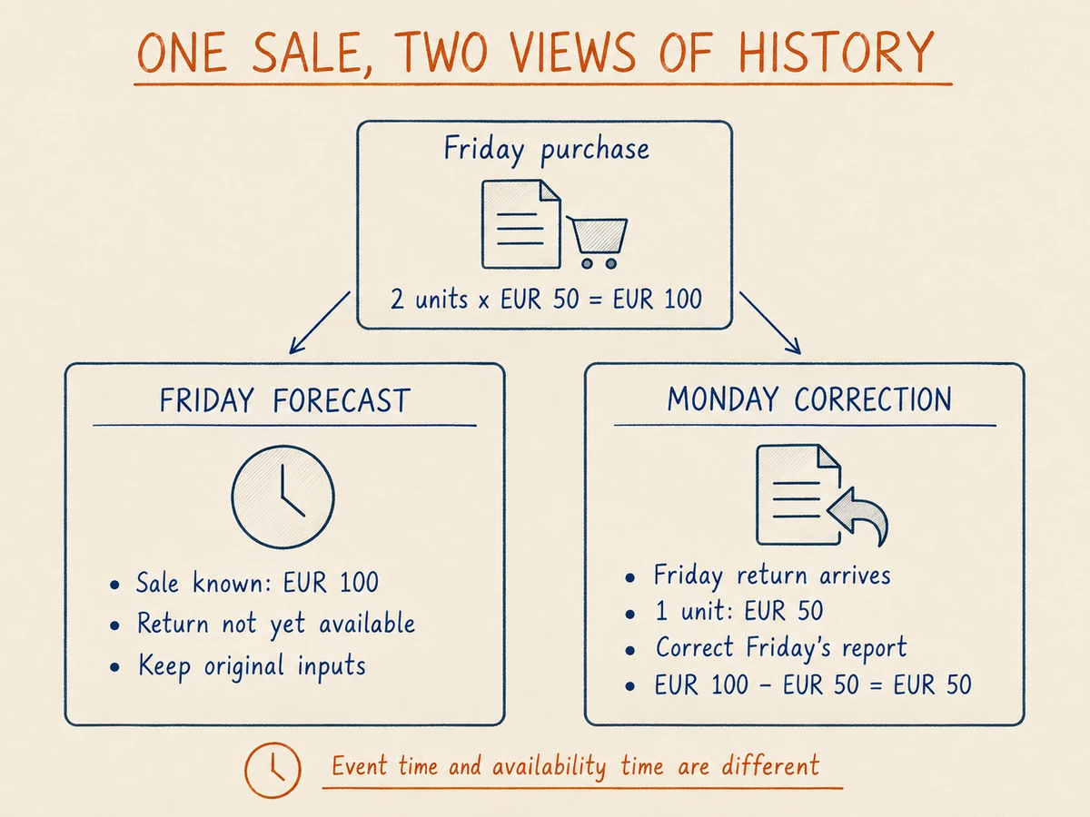 A Friday purchase totals 100 euros. Friday's forecast inputs cannot include a return unavailable to the pipeline then. On Monday, a 50-euro return corrects Friday's reported sales to 50 euros without rewriting the original forecast inputs.