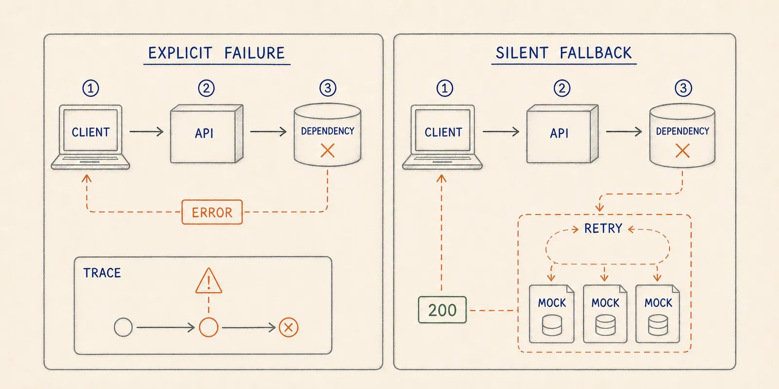 Hand-drawn comparison of an explicit degraded API response and a silent fallback that hides a failing backend