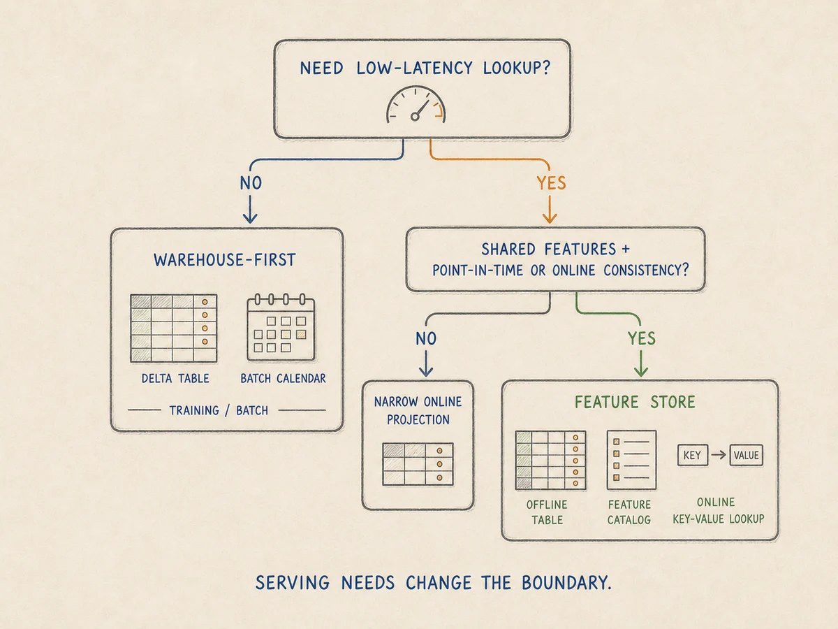Hand-drawn decision diagram choosing warehouse-first, narrow online projection or feature store based on low-latency lookup and shared feature consistency needs