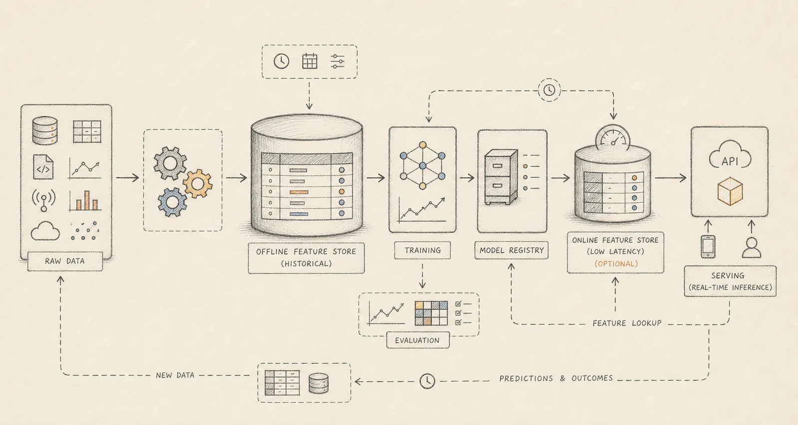 Diagram of a feature store lifecycle from raw data and transformations to offline features, model training, online serving and real-time inference