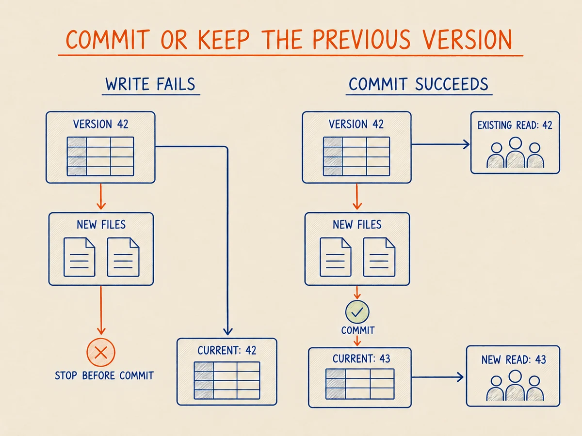 A write that fails before commit leaves version 42 current. A successful commit makes version 43 available to new reads while an existing read continues on snapshot 42.