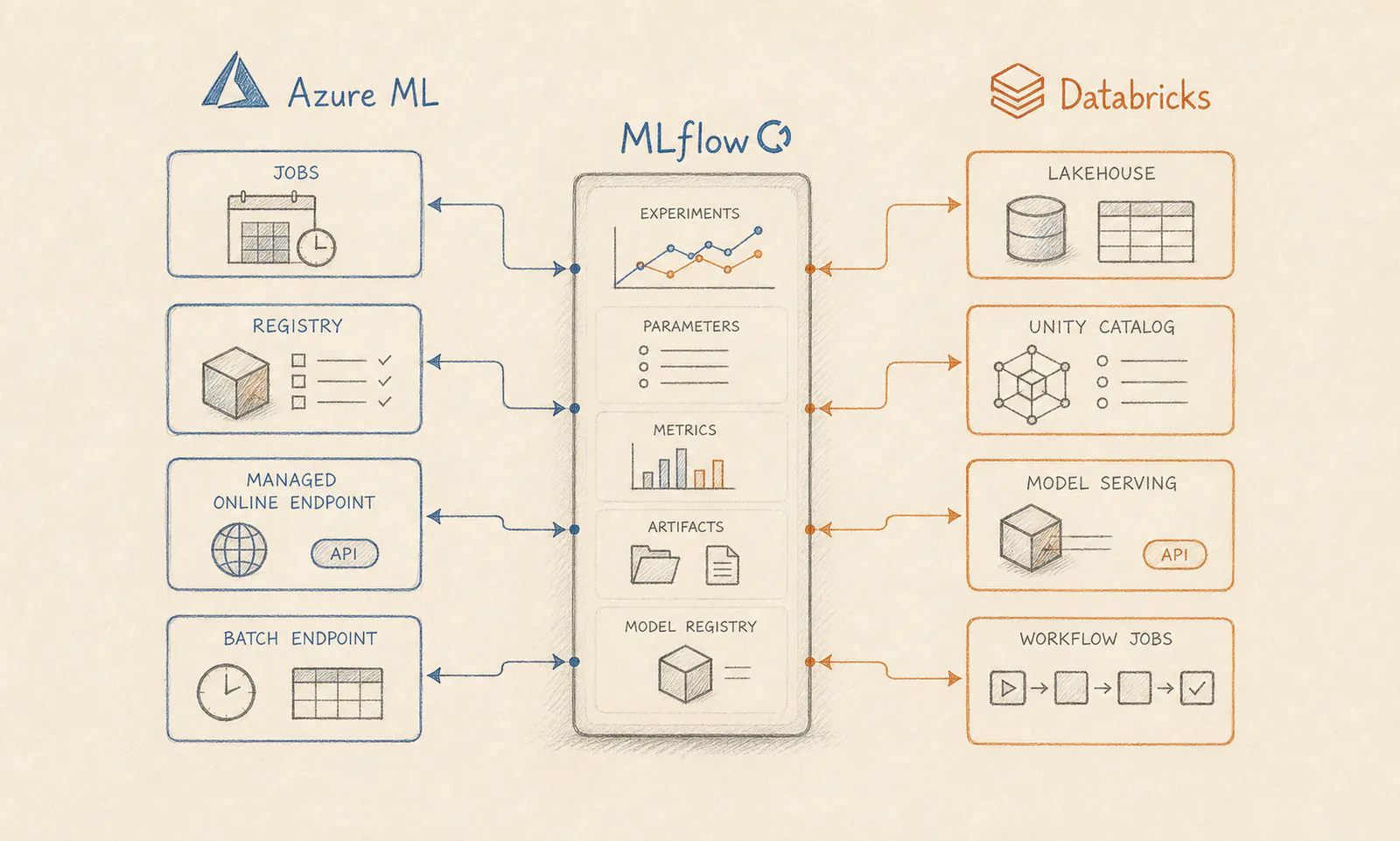 Hand-drawn comparison of Azure ML and Databricks delivery patterns with MLflow as the shared backbone
