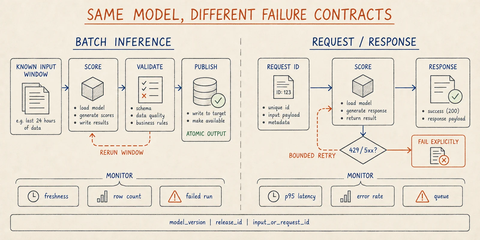 Hand-drawn comparison of batch inference rerunning a known input window and request-response inference using bounded retries before returning an explicit error