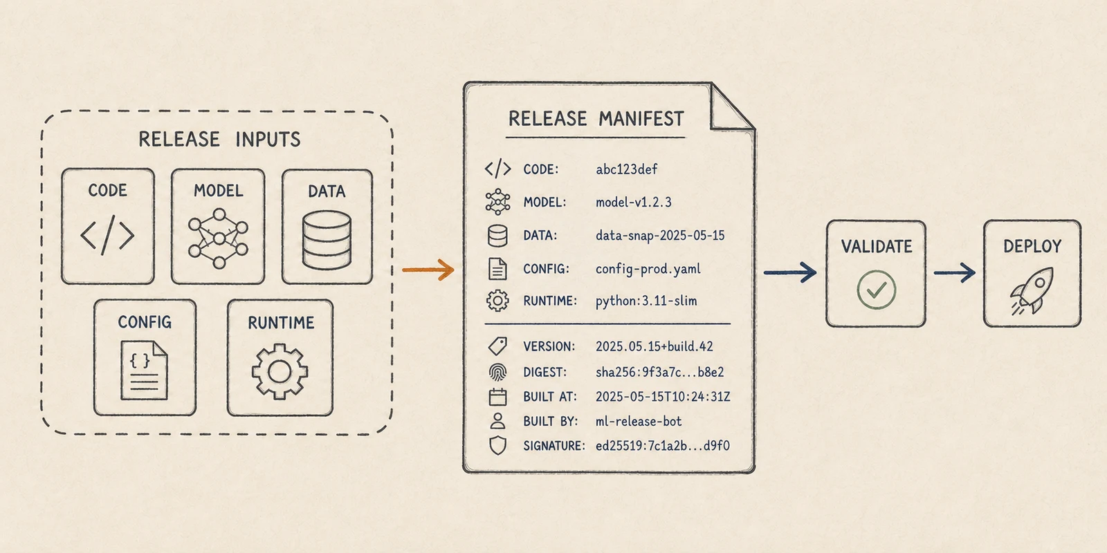 Hand-drawn technical diagram showing code, MLflow model version, input contract, configuration and runtime collected in a release manifest before Azure Databricks deployment