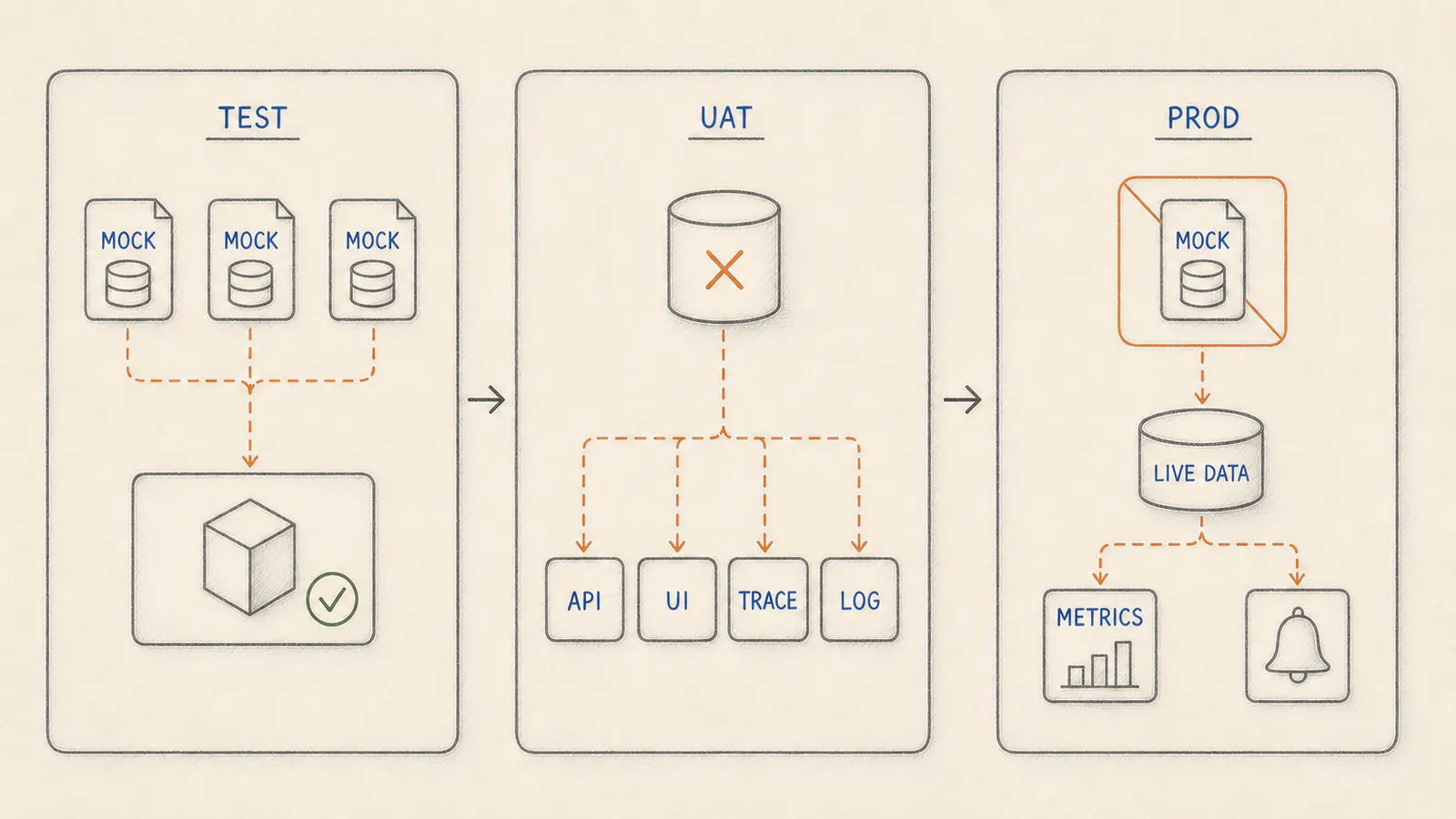 Hand-drawn technical diagram showing mock data confined to tests, controlled failure injection in UAT, and production telemetry without mock fallbacks